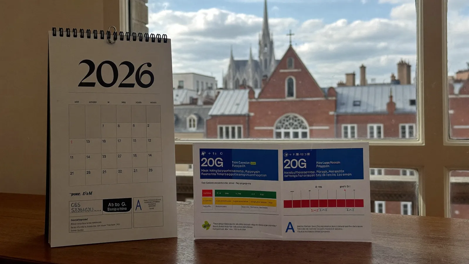Calendrier 2026 posé près d'un rapport de DPE devant une maison de brique de Beauvais